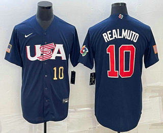 Men%27s USA Baseball #10 JT Realmuto Number 2023 Navy World Baseball Classic Stitched Jerseys